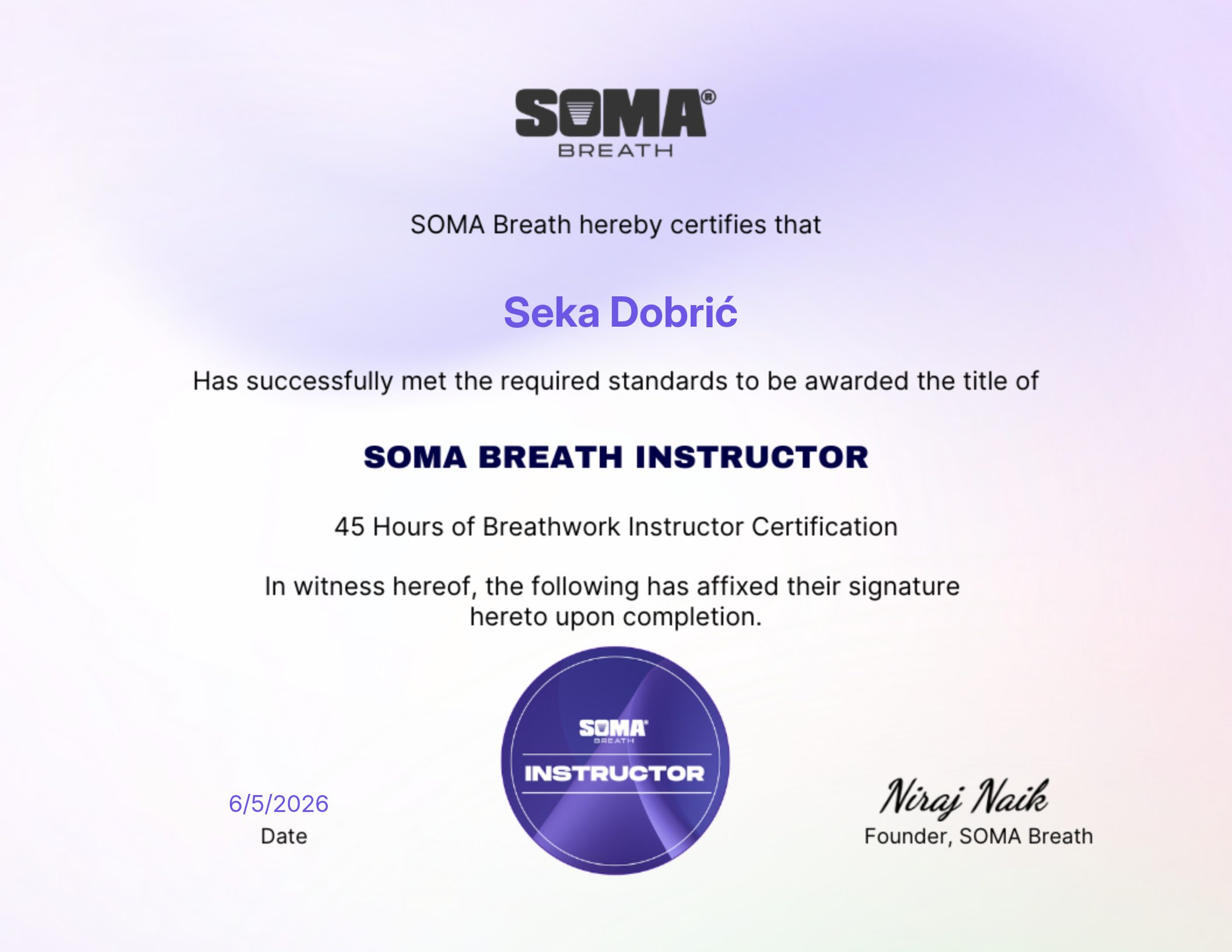 Certificate: SOMA Breath Instructor