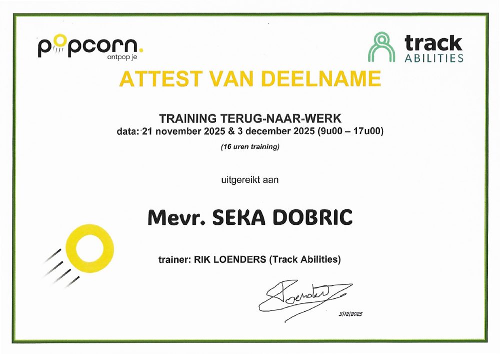 Certificate: Terug naar werk (RIZIV) · via Popcorn BV